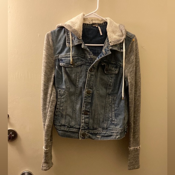 FREE PEOPLE Knit Sweatshirt Hooded Denim Jacket - Picture 4 of 12
